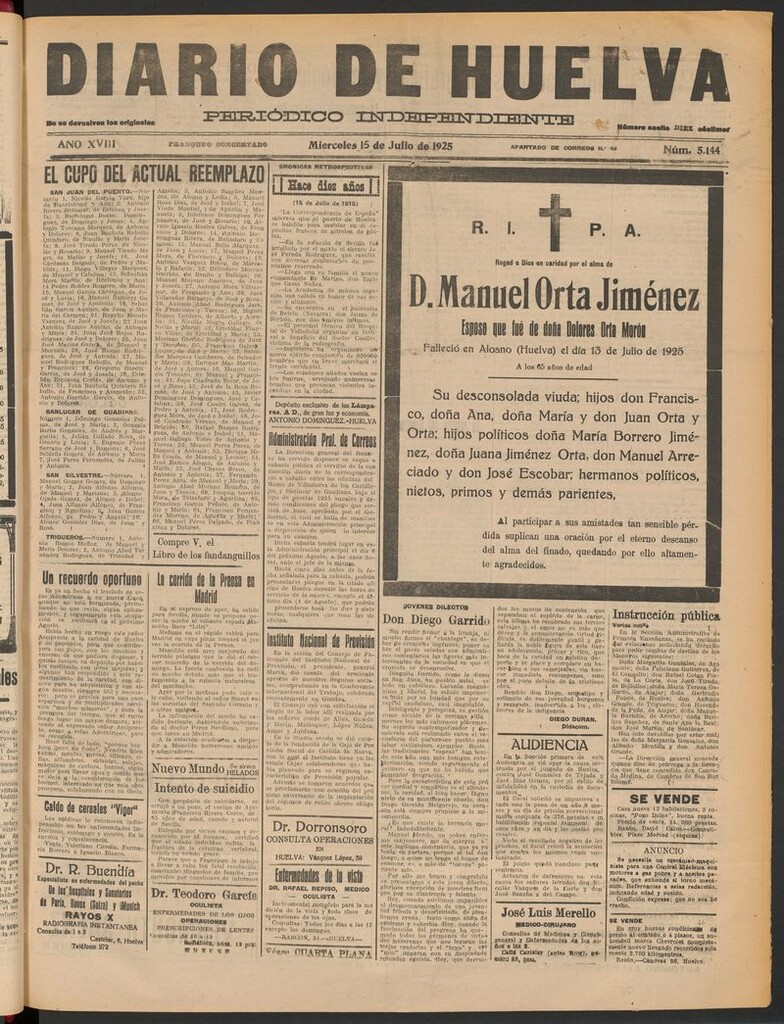 Miniatura de Diario de Huelva : periódico independiente del 15 de julio de 1925