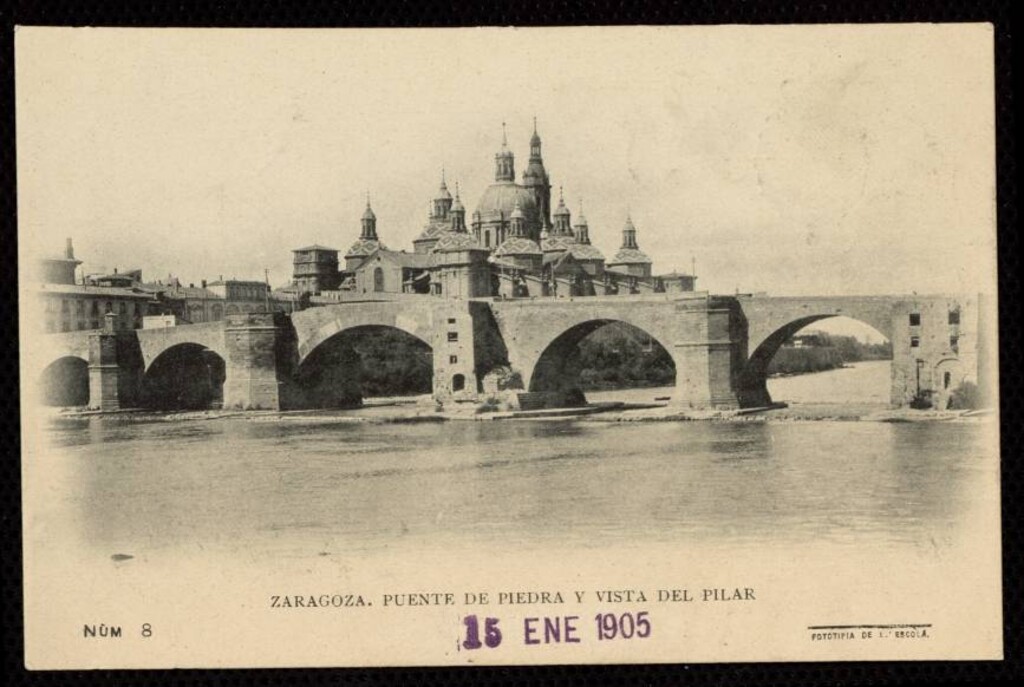 Miniatura de Zaragoza. Puente de Piedra y vista del Pilar