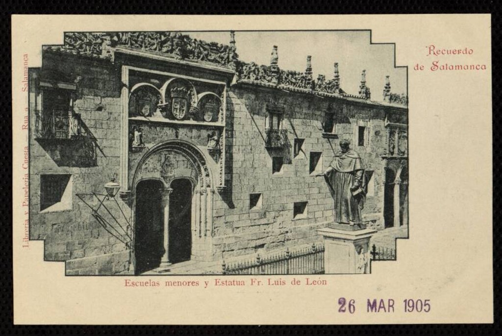 Miniatura de Salamanca. Escuelas Menores y estatua de Fray Luis de León