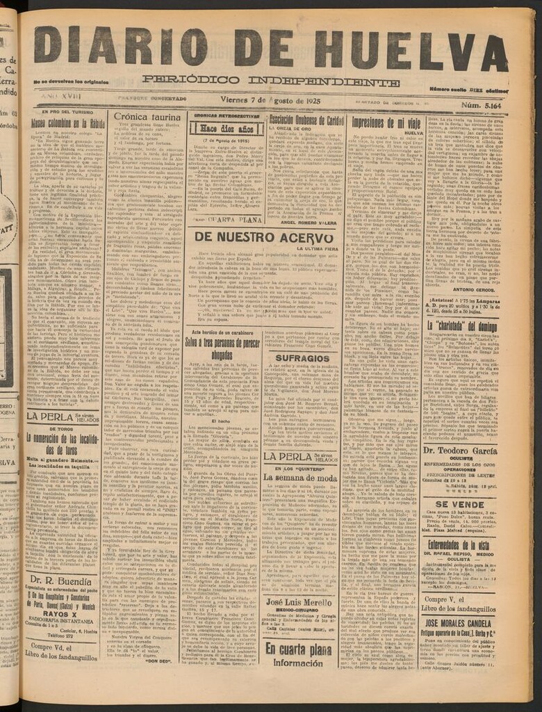 Miniatura de Diario de Huelva : periódico independiente del 7 de agosto de 1925