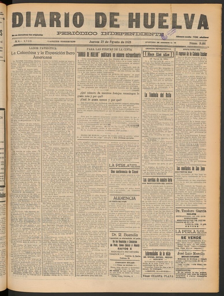 Miniatura de Diario de Huelva : periódico independiente del 27 de agosto de 1925