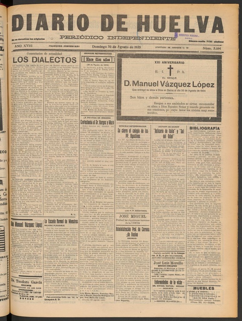 Miniatura de Diario de Huelva : periódico independiente del 30 de agosto de 1925