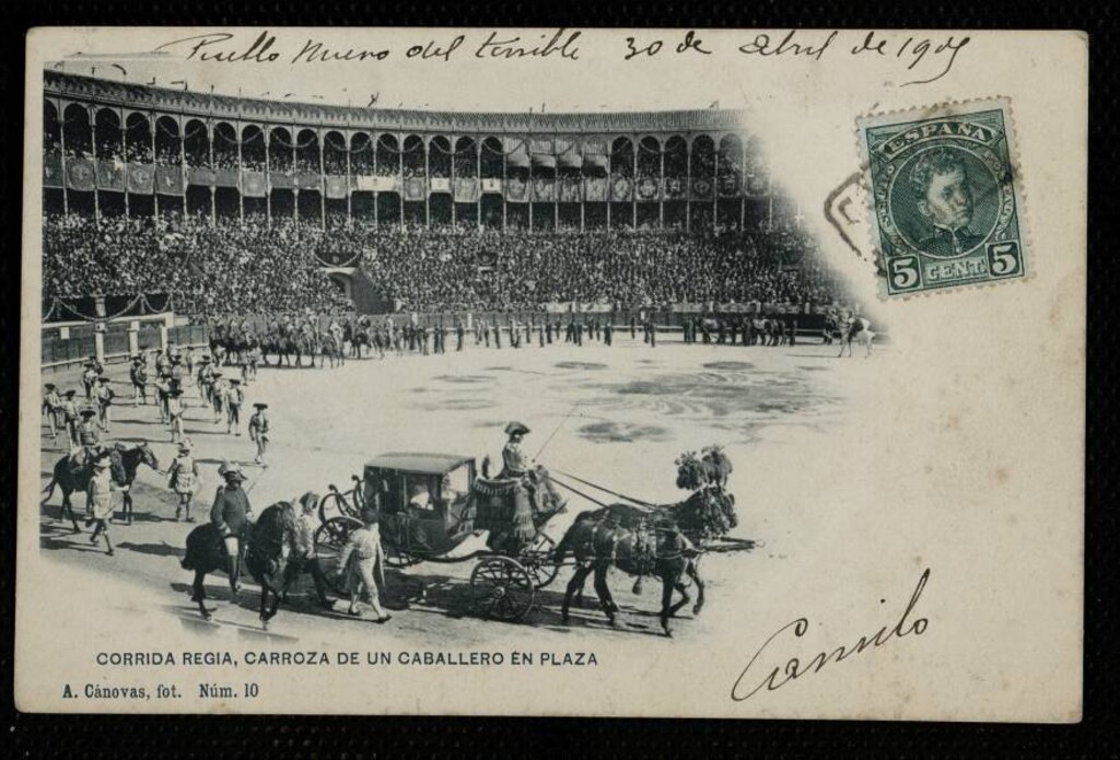 Miniatura de Corrida regia. Carroza de un caballero en plaza