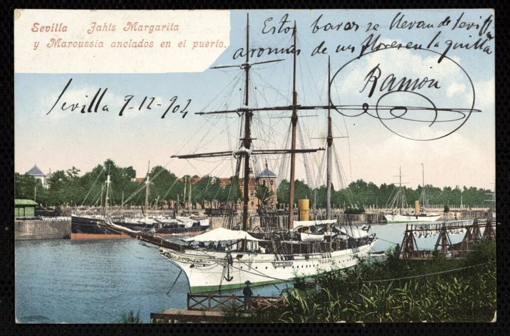 Miniatura de Sevilla. Jahts Margarita y Maroussia anclados en el puerto