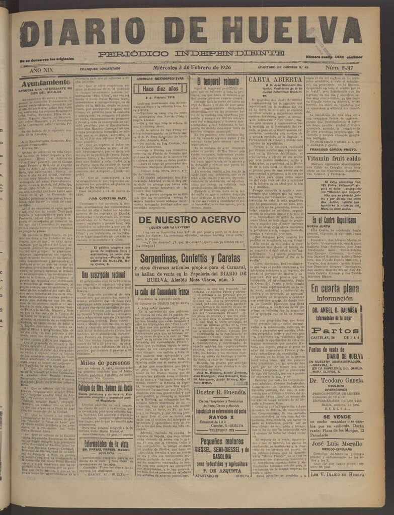 Miniatura de Diario de Huelva : periódico independiente del 3 de febrero de 1926