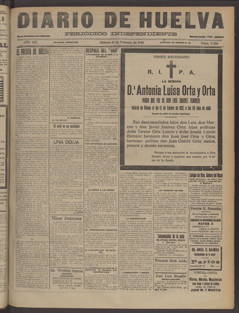 Miniatura de Diario de Huelva : periódico independiente del 13 de febrero de 1926