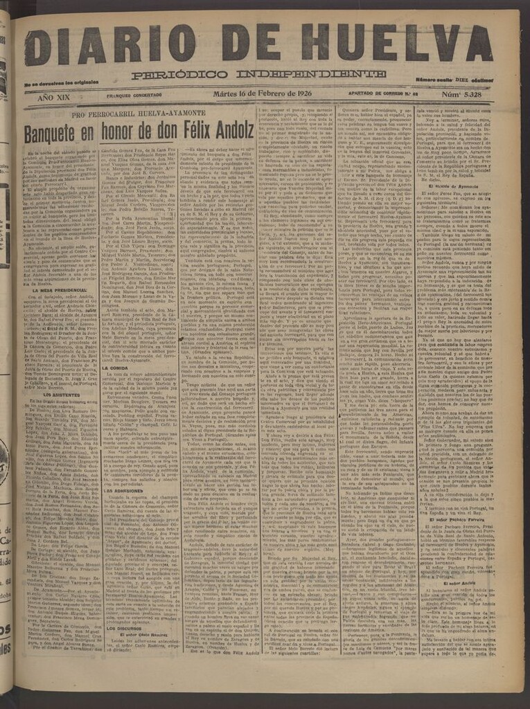 Miniatura de Diario de Huelva : periódico independiente del 16 de febrero de 1926