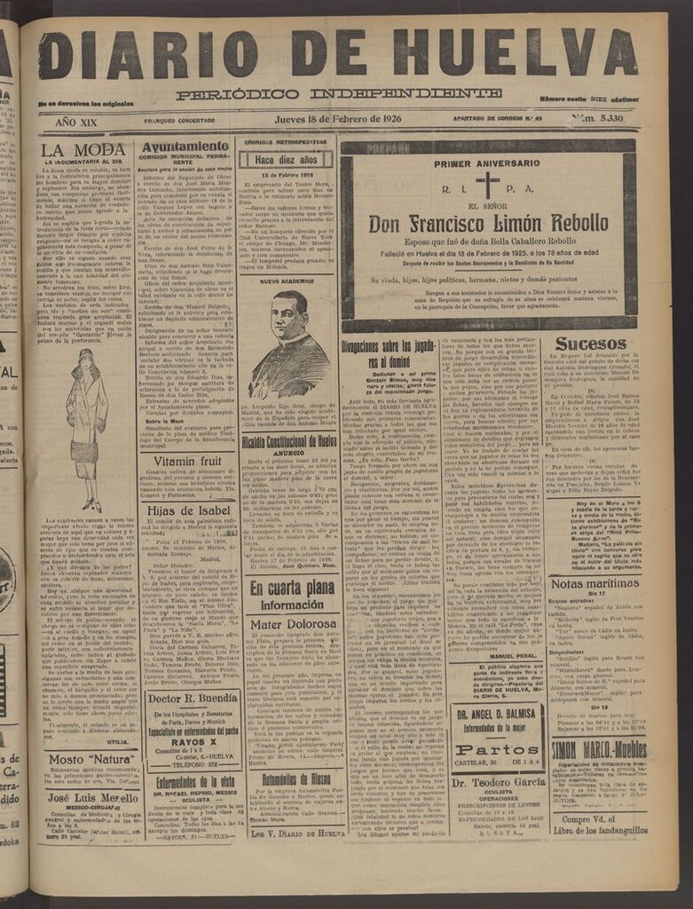 Miniatura de Diario de Huelva : periódico independiente del 18 de febrero de 1926