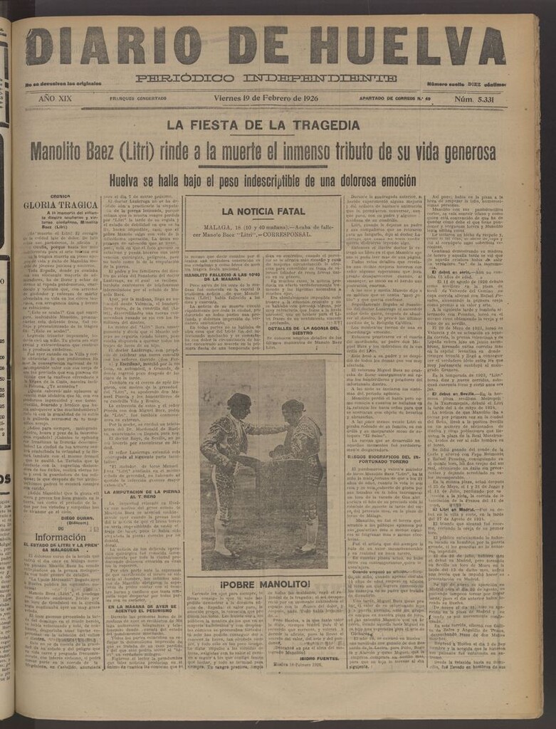 Miniatura de Diario de Huelva : periódico independiente del 19 de febrero de 1926