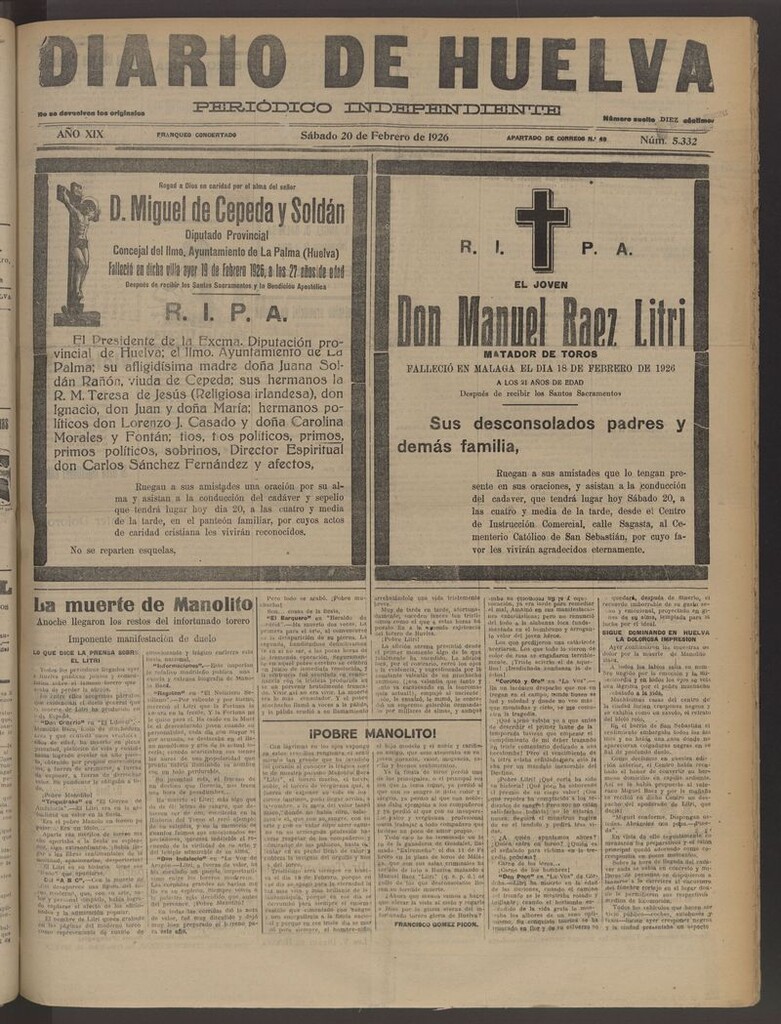Miniatura de Diario de Huelva : periódico independiente del 20 de febrero de 1926