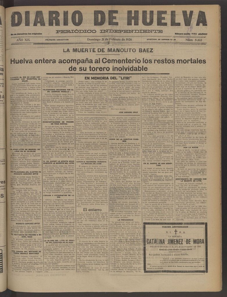 Miniatura de Diario de Huelva : periódico independiente del 21 de febrero de 1926