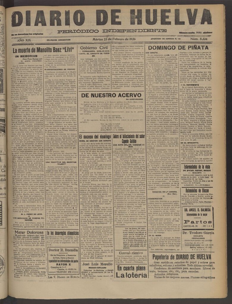 Miniatura de Diario de Huelva : periódico independiente del 23 de febrero de 1926