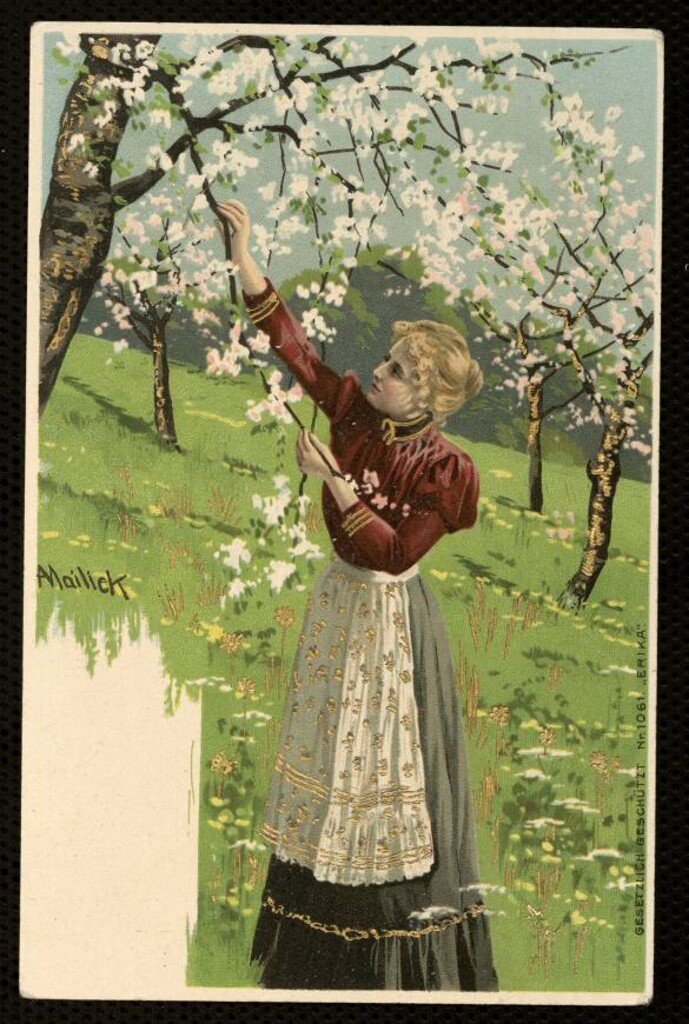 Miniatura de Figura femenina cogiendo flores de un árbol