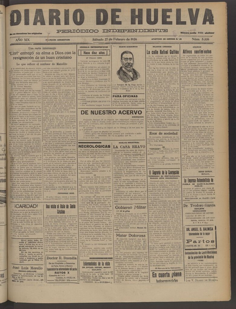 Miniatura de Diario de Huelva : periódico independiente del 27 de febrero de 1926