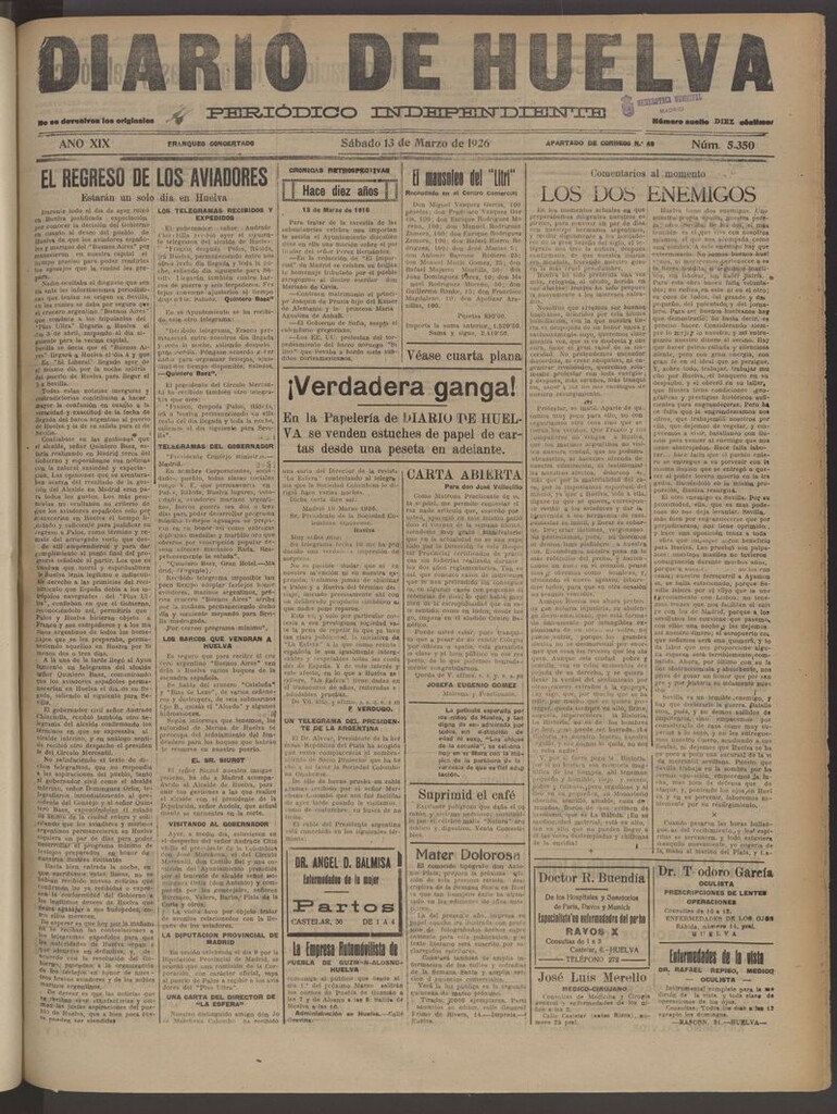 Miniatura de Diario de Huelva : periódico independiente del 13 de marzo de 1926