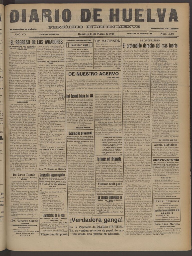 Miniatura de Diario de Huelva : periódico independiente del 14 de marzo de 1926