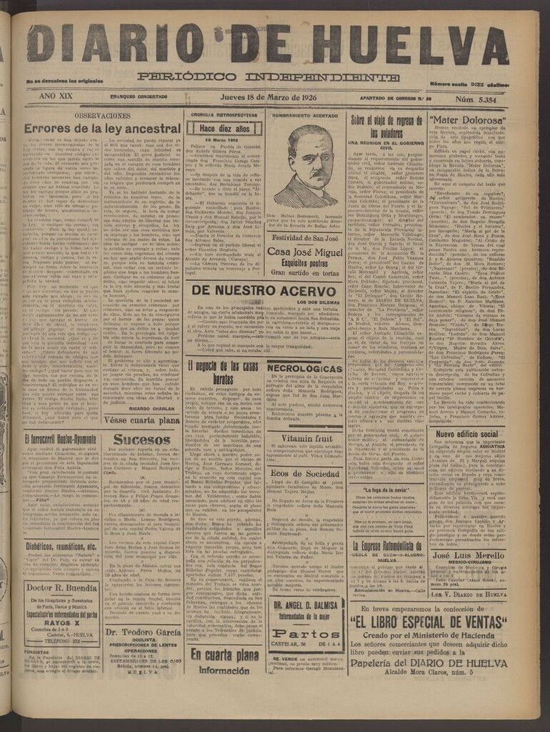 Miniatura de Diario de Huelva : periódico independiente del 18 de marzo de 1926