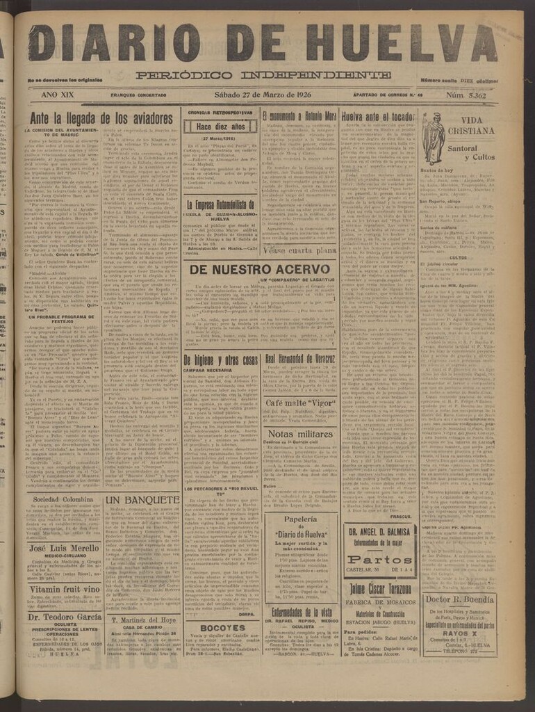 Miniatura de Diario de Huelva : periódico independiente del 27 de marzo de 1926