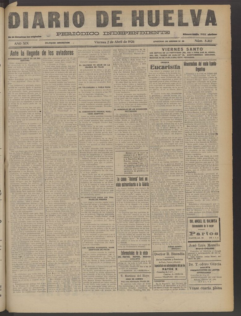 Miniatura de Diario de Huelva : periódico independiente del 2 de abril de 1926