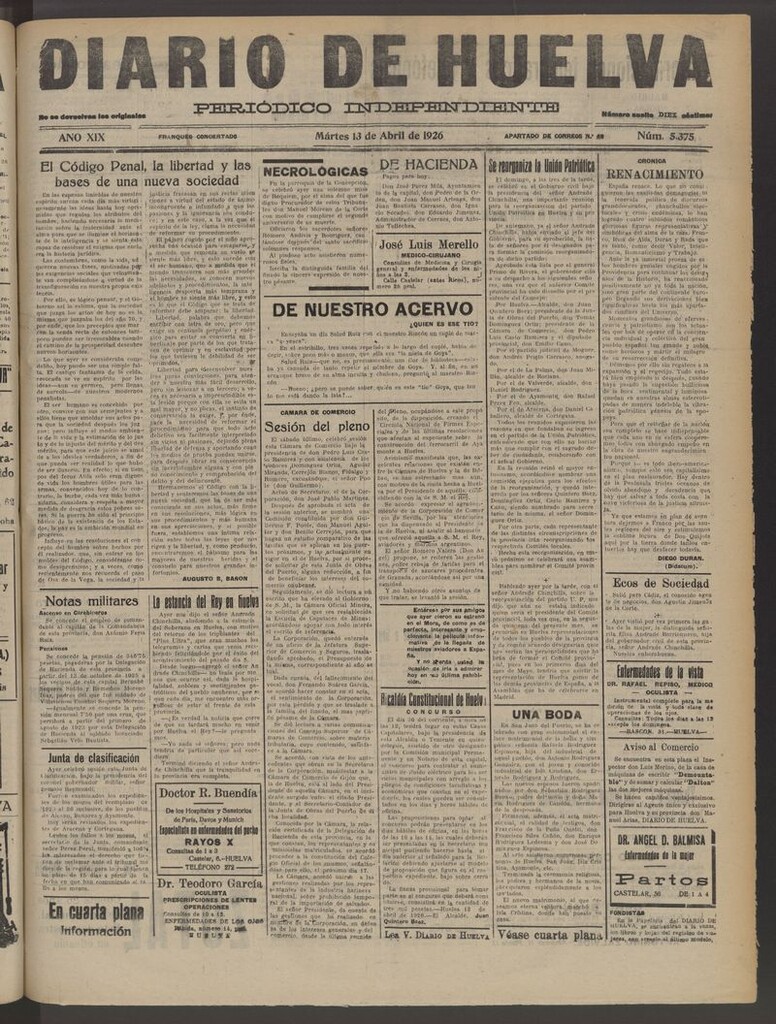 Miniatura de Diario de Huelva : periódico independiente del 13 de abril de 1926