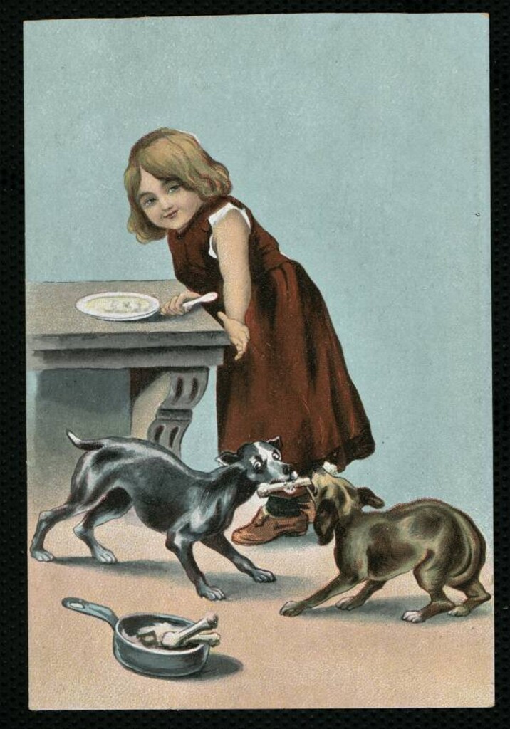 Miniatura de Niña con perros comiendo