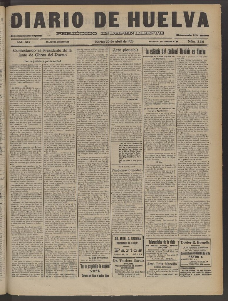 Miniatura de Diario de Huelva : periódico independiente del 20 de abril de 1926