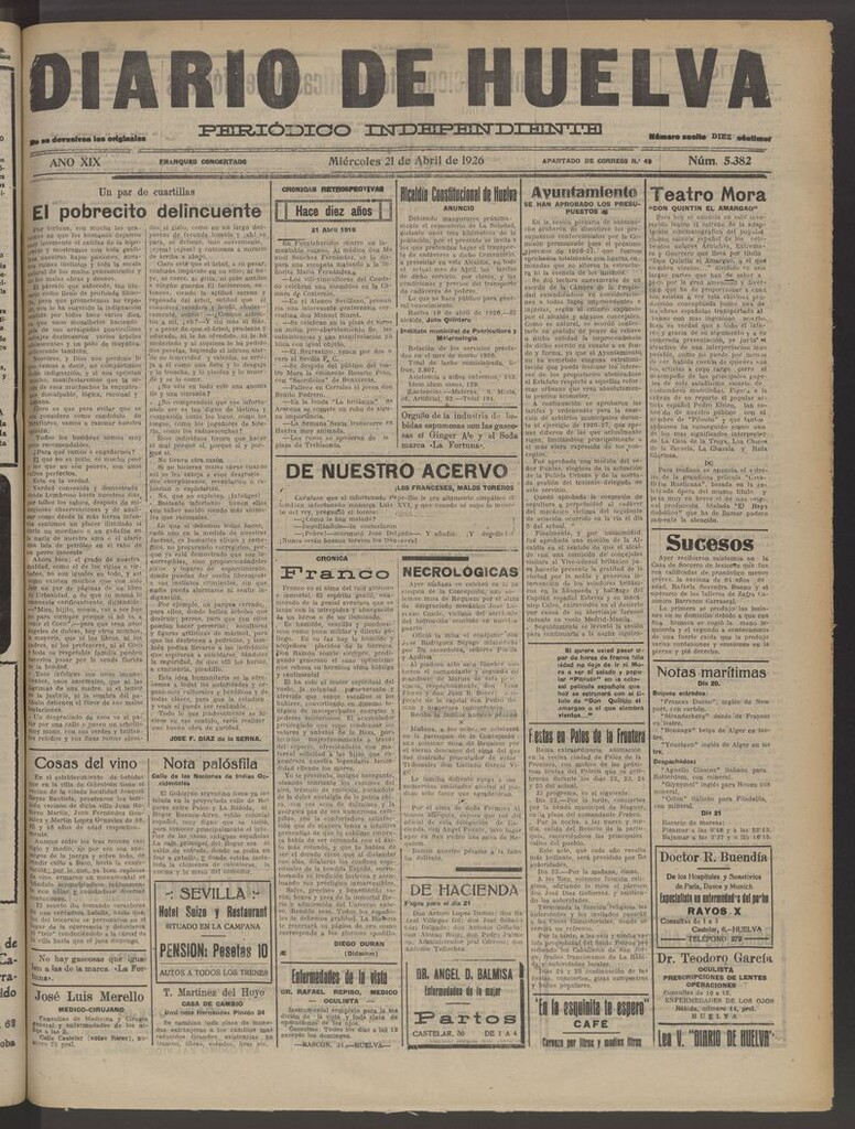 Miniatura de Diario de Huelva : periódico independiente del 21 de abril de 1926