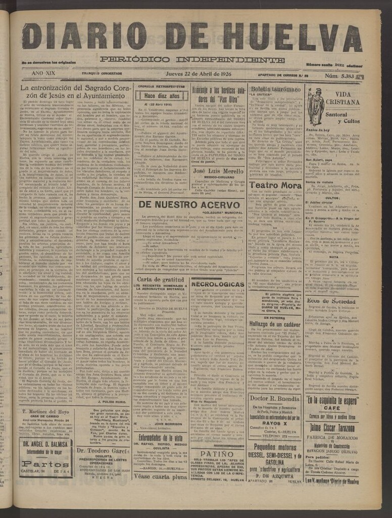 Miniatura de Diario de Huelva : periódico independiente del 22 de abril de 1926
