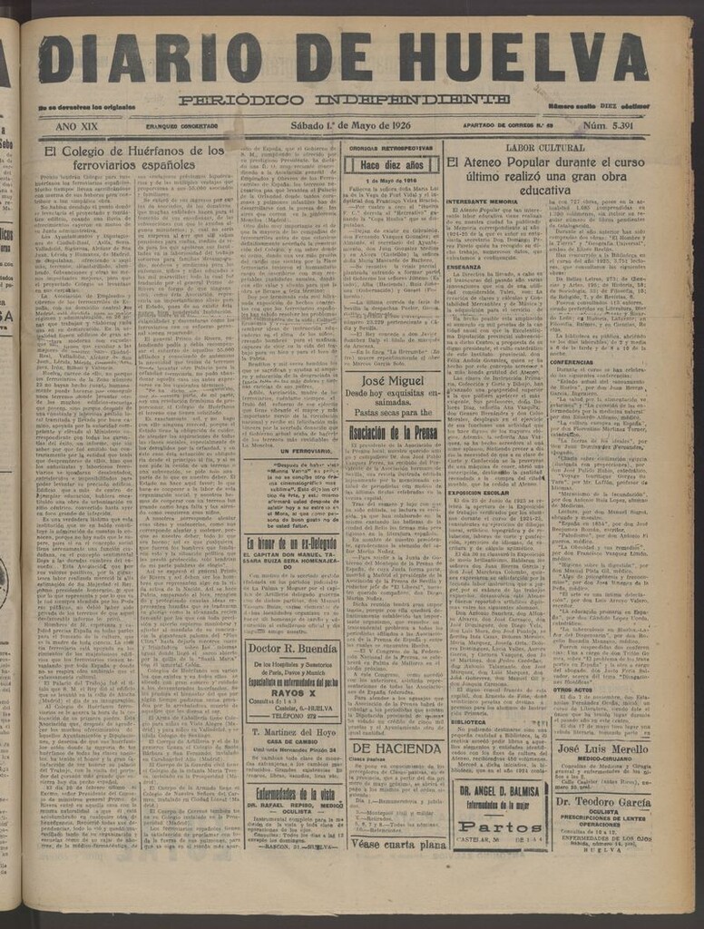 Miniatura de Diario de Huelva : periódico independiente del 1 de mayo de 1926