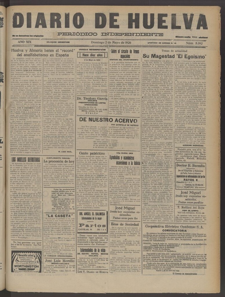 Miniatura de Diario de Huelva : periódico independiente del 2 de mayo de 1926