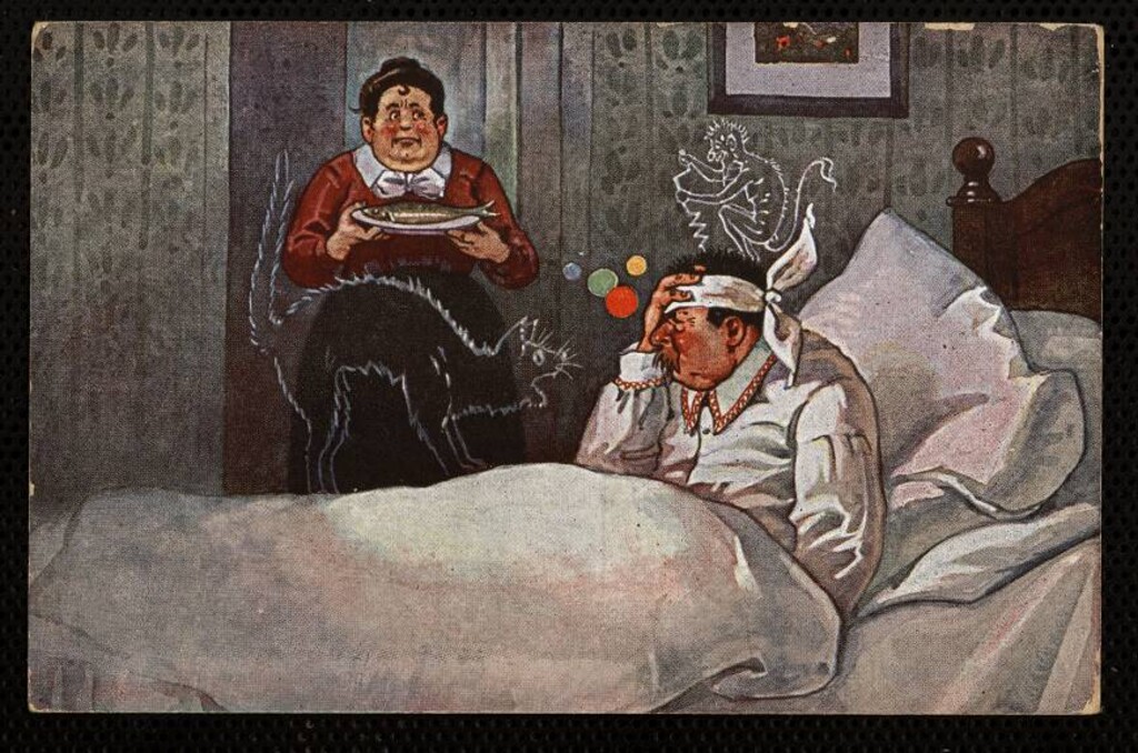 Miniatura de Hombre en la cama y mujer con plato de pescado