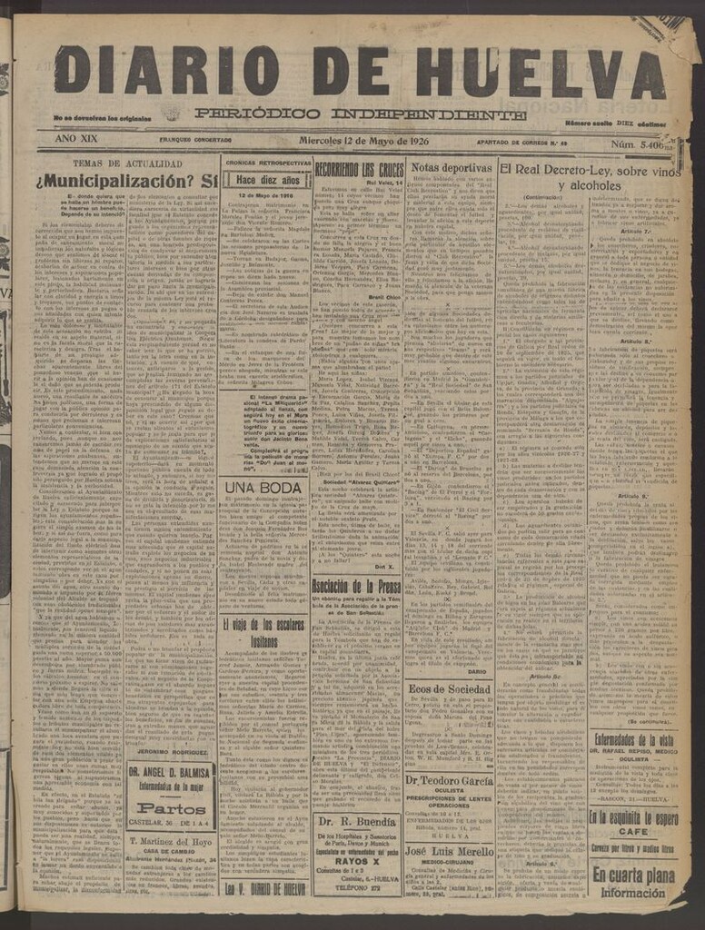 Miniatura de Diario de Huelva : periódico independiente del 12 de mayo de 1926