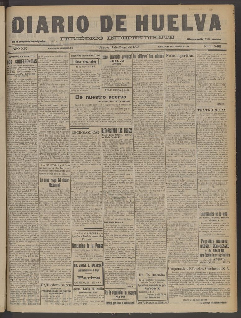 Miniatura de Diario de Huelva : periódico independiente del 13 de mayo de 1926