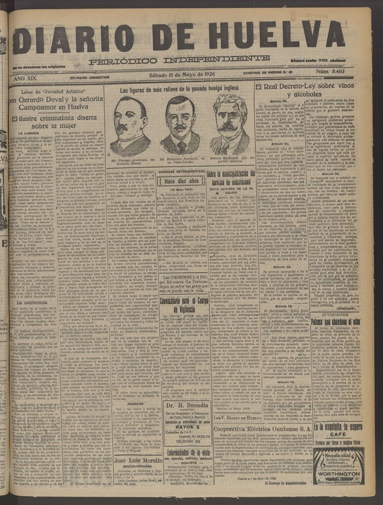 Miniatura de Diario de Huelva : periódico independiente del 15 de mayo de 1926