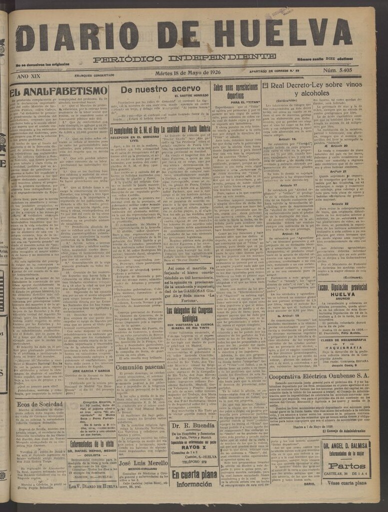 Miniatura de Diario de Huelva : periódico independiente del 18 de mayo de 1926