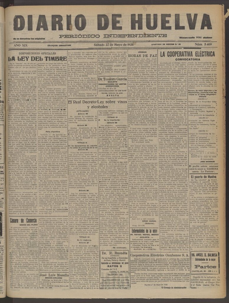 Miniatura de Diario de Huelva : periódico independiente del 22 de mayo de 1926