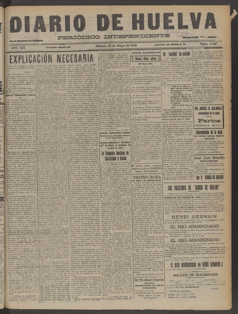Miniatura de Diario de Huelva : periódico independiente del 29 de mayo de 1926