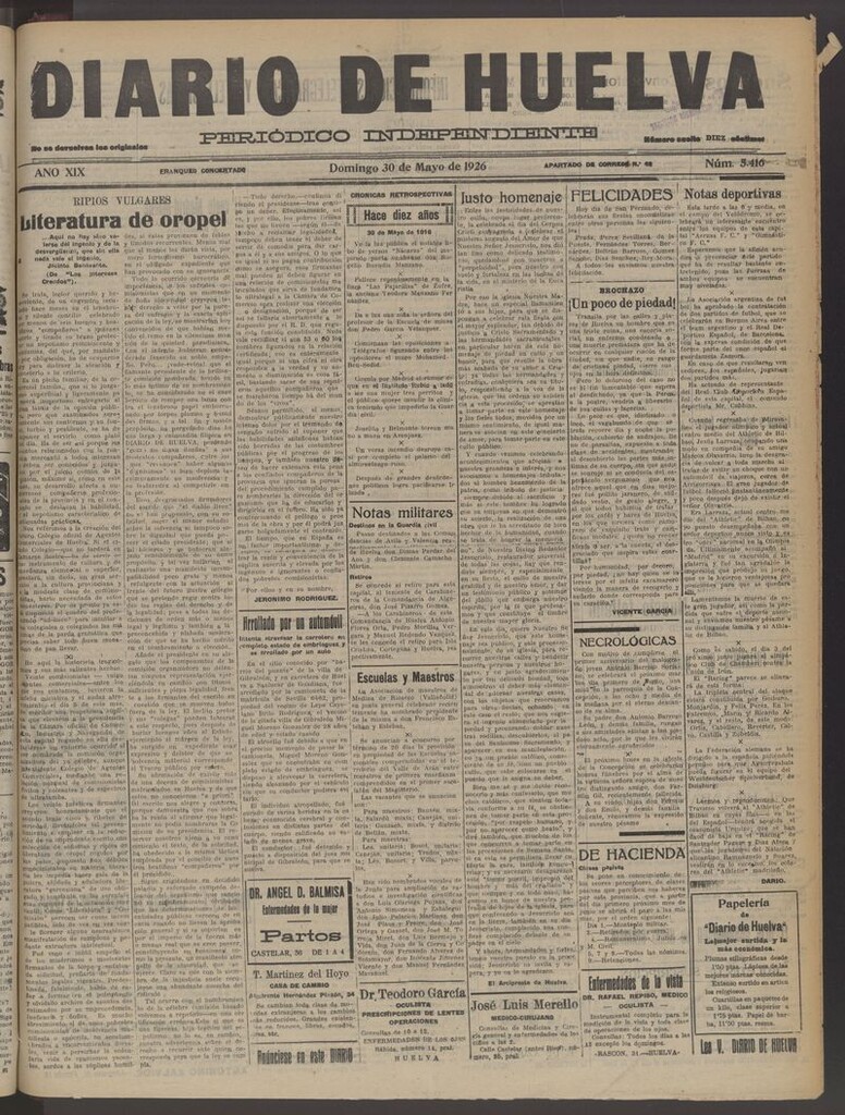 Miniatura de Diario de Huelva : periódico independiente del 30 de mayo de 1926