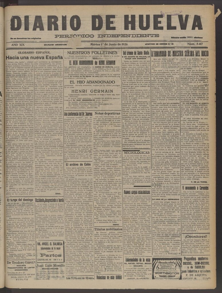 Miniatura de Diario de Huelva : periódico independiente del 1 de junio de 1926