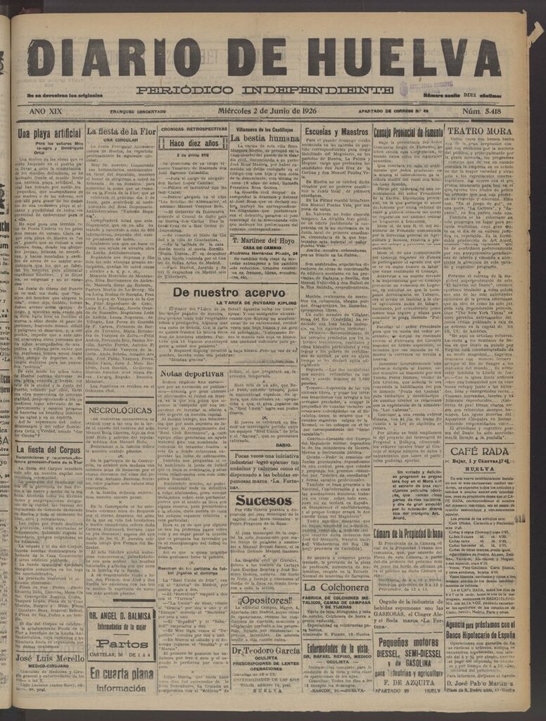 Miniatura de Diario de Huelva : periódico independiente del 2 de junio de 1926
