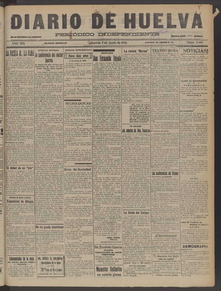 Miniatura de Diario de Huelva : periódico independiente del 3 de junio de 1926