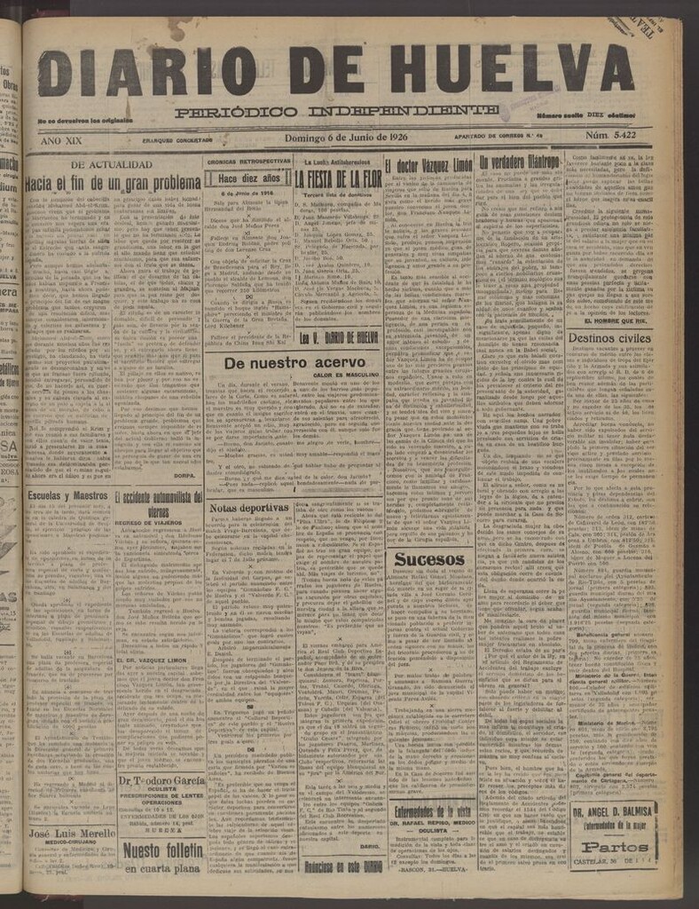 Miniatura de Diario de Huelva : periódico independiente del 6 de junio de 1926
