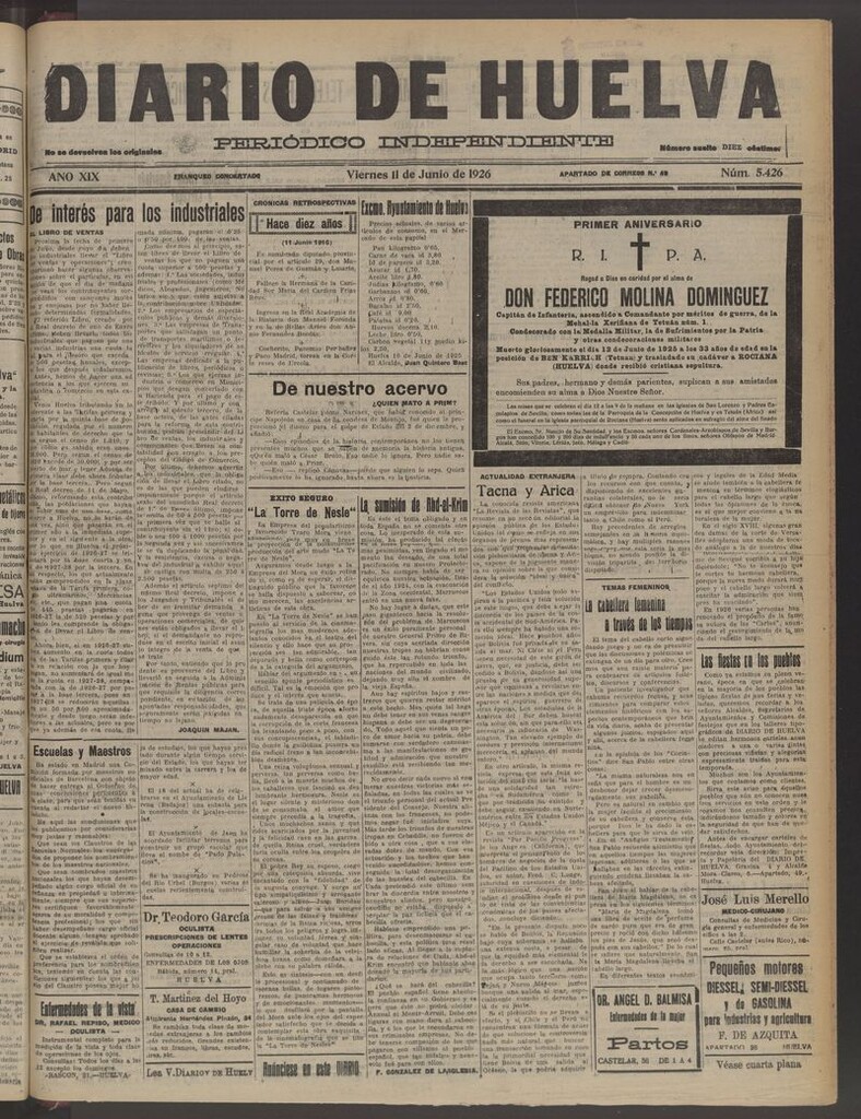 Miniatura de Diario de Huelva : periódico independiente del 11 de junio de 1926
