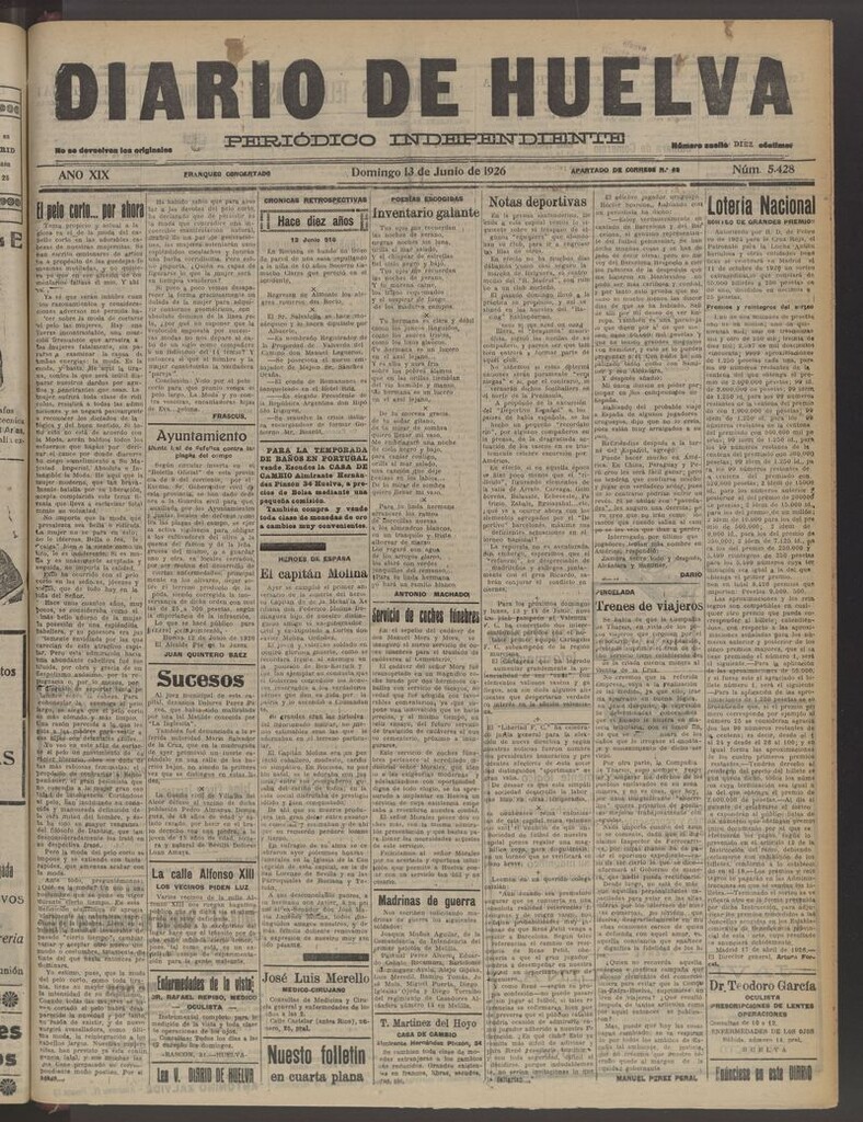 Miniatura de Diario de Huelva : periódico independiente del 13 de junio de 1926