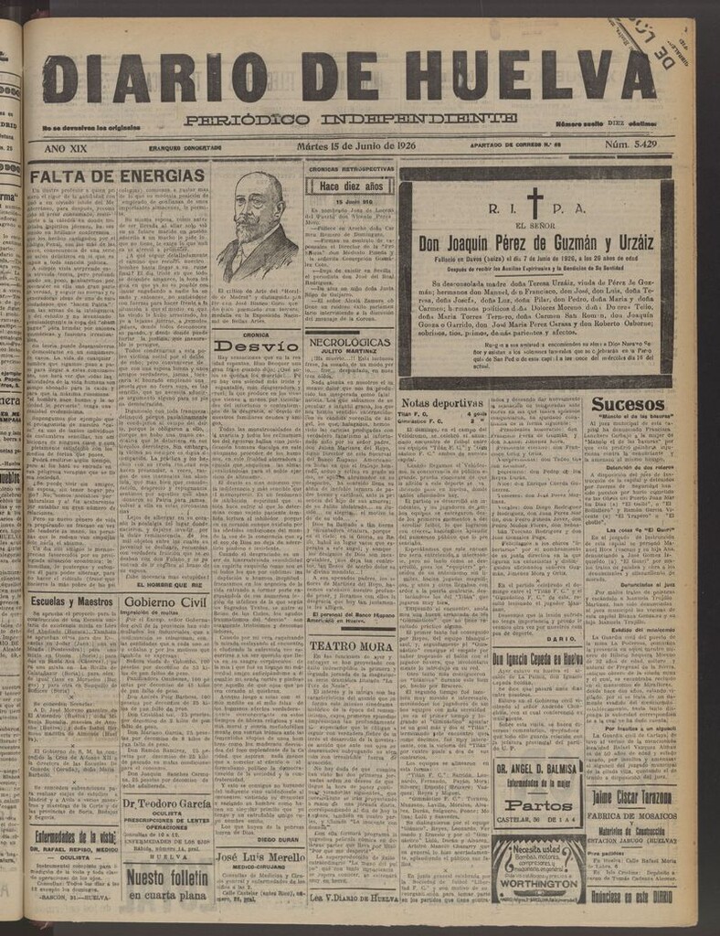 Miniatura de Diario de Huelva : periódico independiente del 15 de junio de 1926