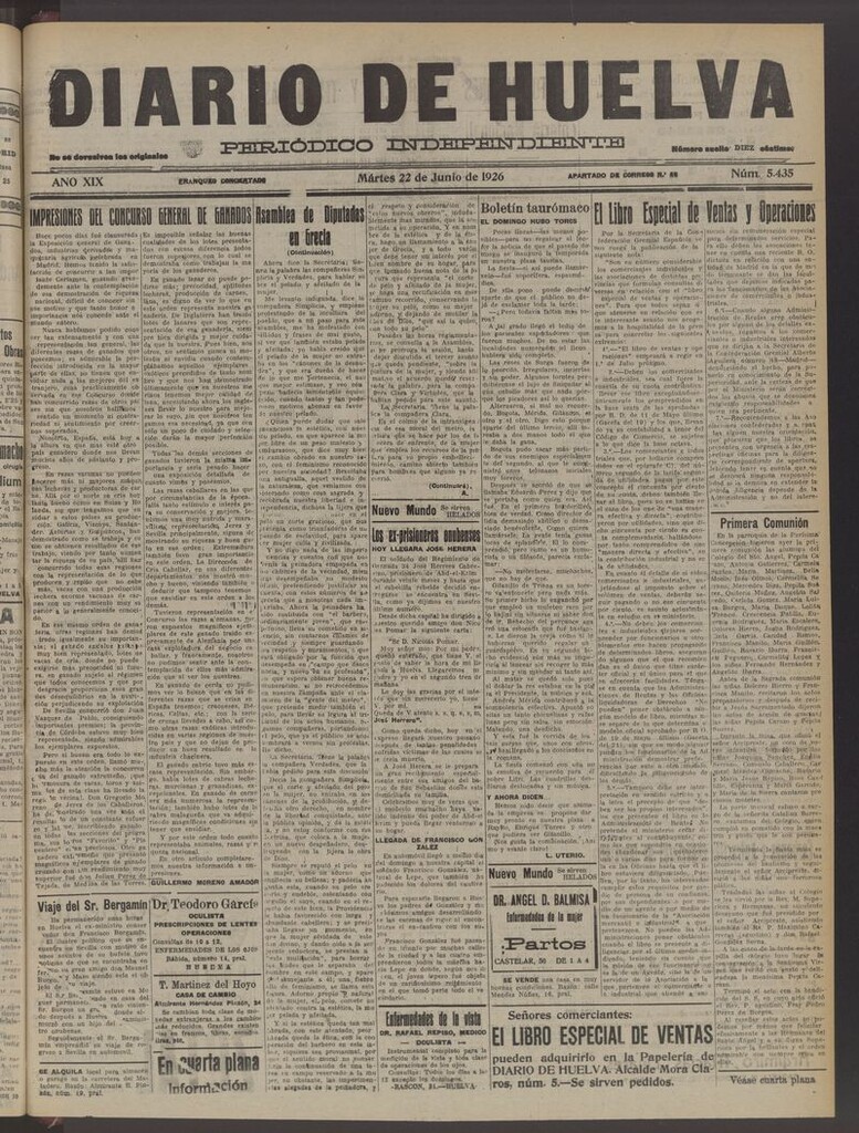 Miniatura de Diario de Huelva : periódico independiente del 22 de junio de 1926