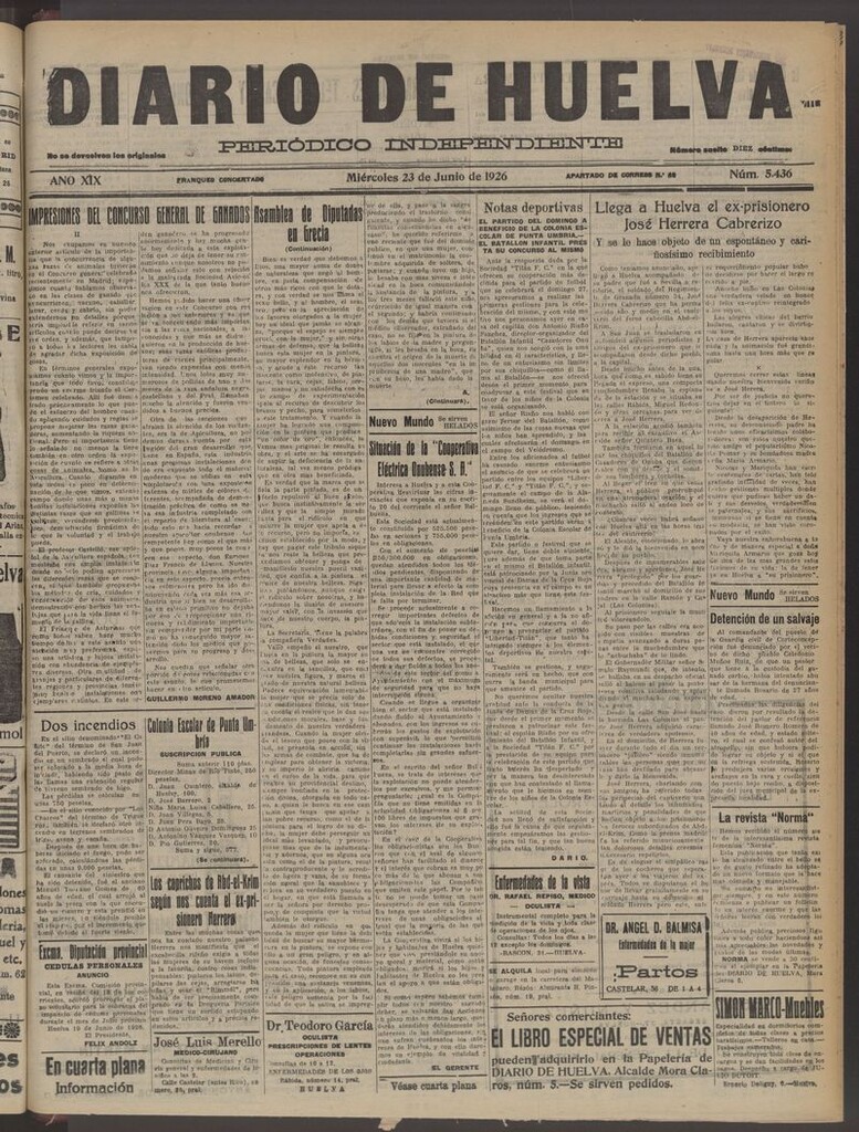 Miniatura de Diario de Huelva : periódico independiente del 23 de junio de 1926