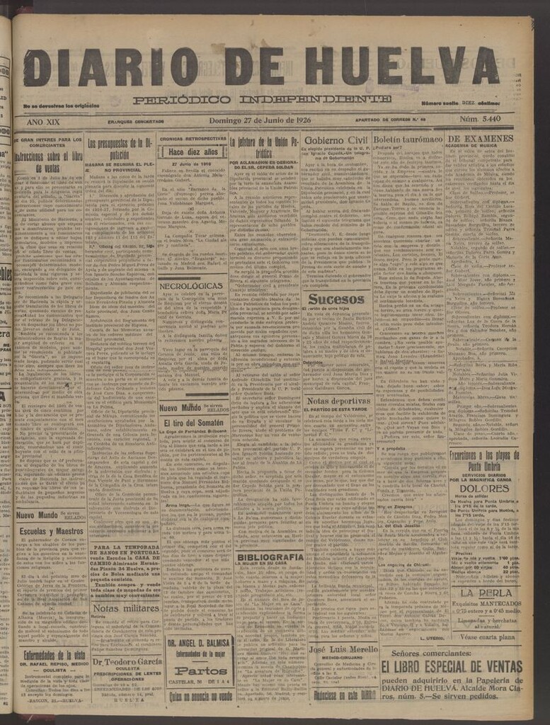 Miniatura de Diario de Huelva : periódico independiente del 27 de junio de 1926