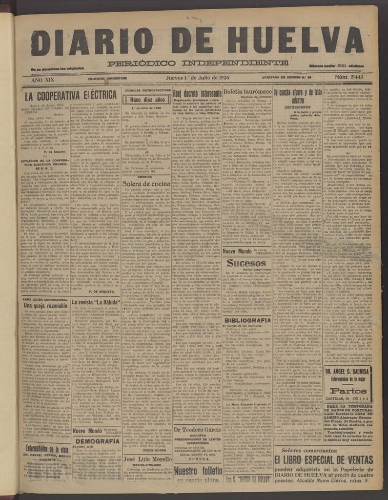 Miniatura de Diario de Huelva : periódico independiente del 1 de julio de 1926