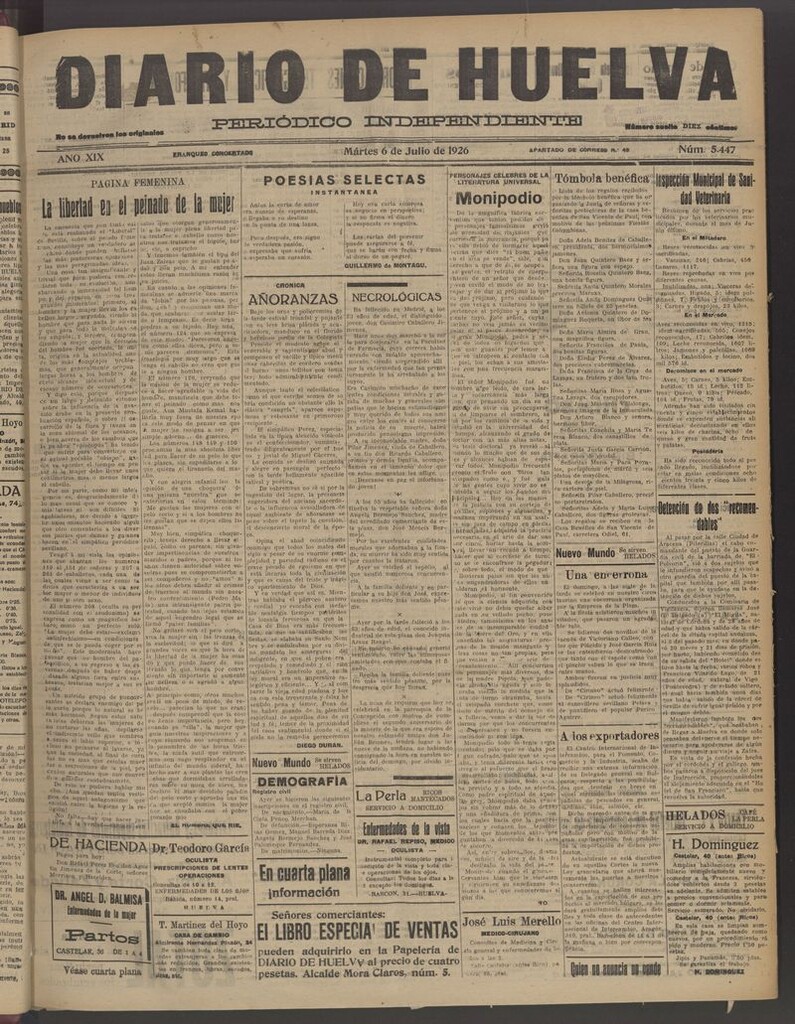 Miniatura de Diario de Huelva : periódico independiente del 6 de julio de 1926